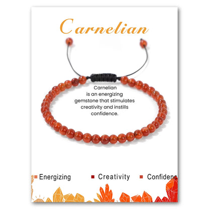 Carnelian bracelet on a white background with text about the stone's properties.