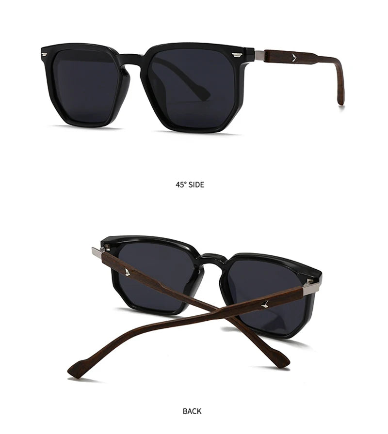 Black sunglasses shown from different angles on a white background
