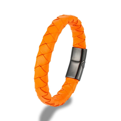 Orange braided pattern leather bracelet with black metal clasp on white background