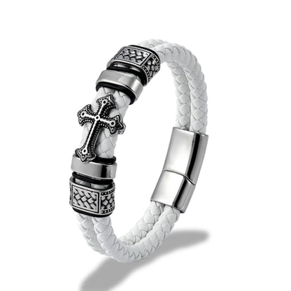 A white braided leather bracelet with a silver-toned metal cross charm and decorative textured beads, shown on a clean white background.