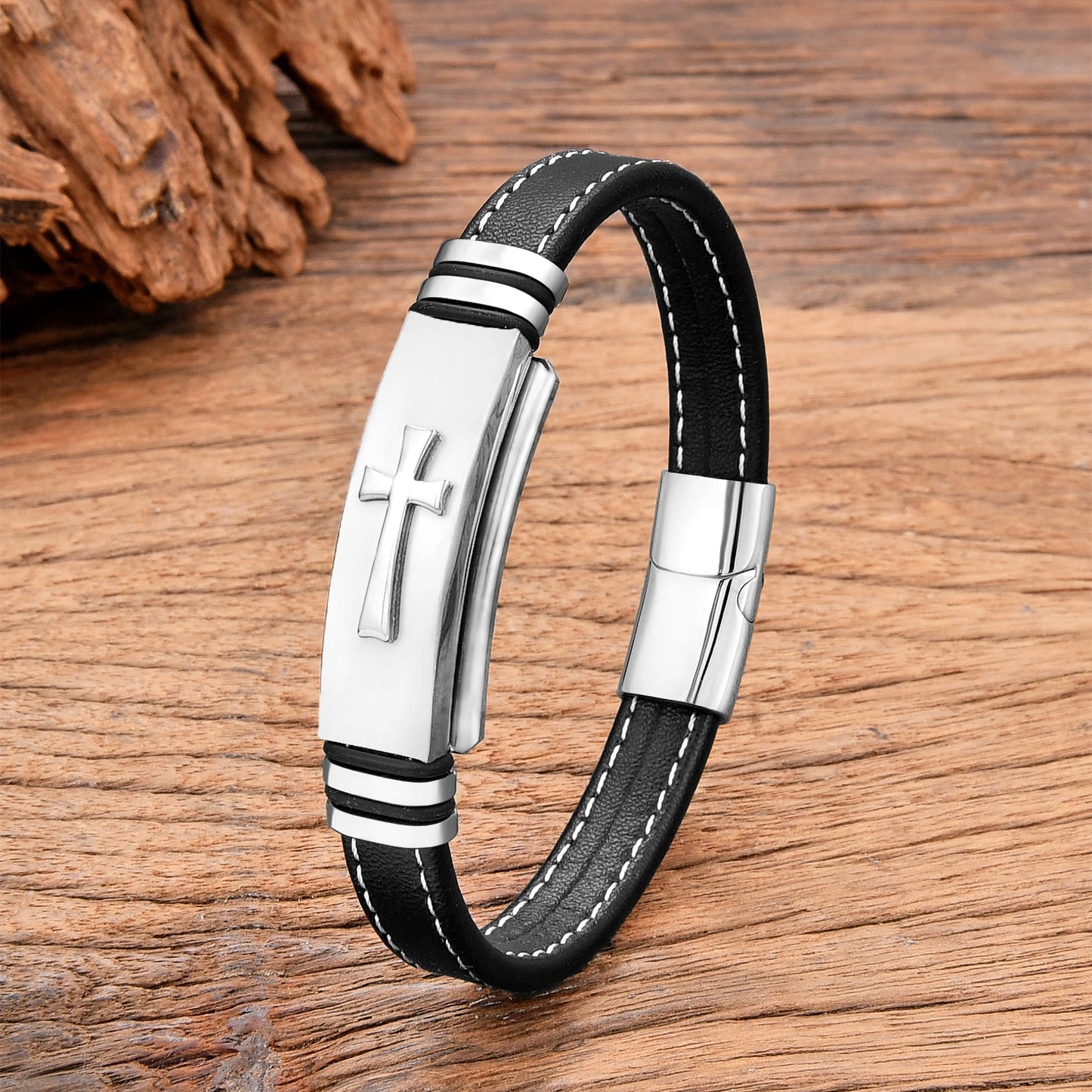Raised Cross Leather Bracelet