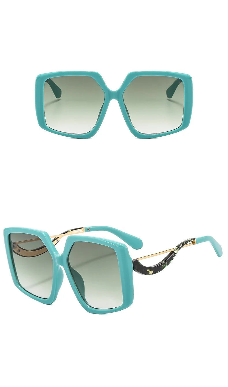Turquoise oversized square sunglasses shown from two angles on a white background.