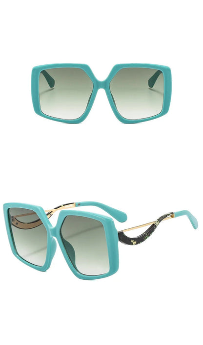 Turquoise oversized square sunglasses shown from two angles on a white background.