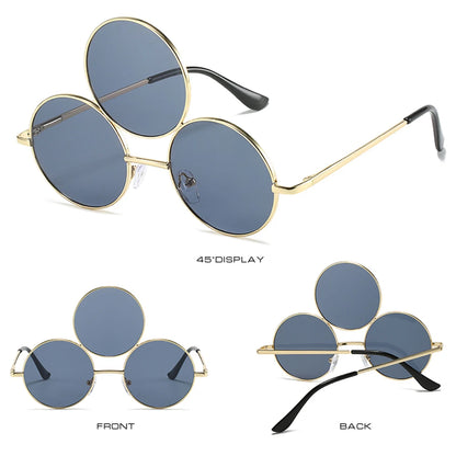 Round sunglasses with gold frames and blue lenses displayed from front and back views.