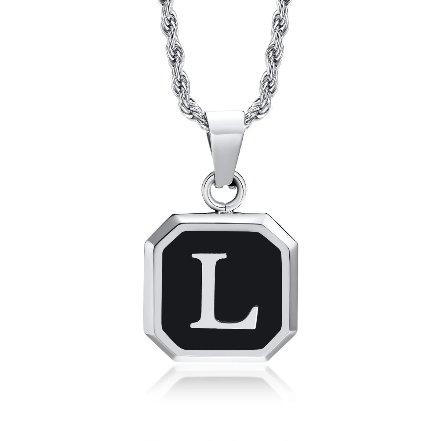 Silver necklace with a black pendant featuring the letter 'L' on a white background