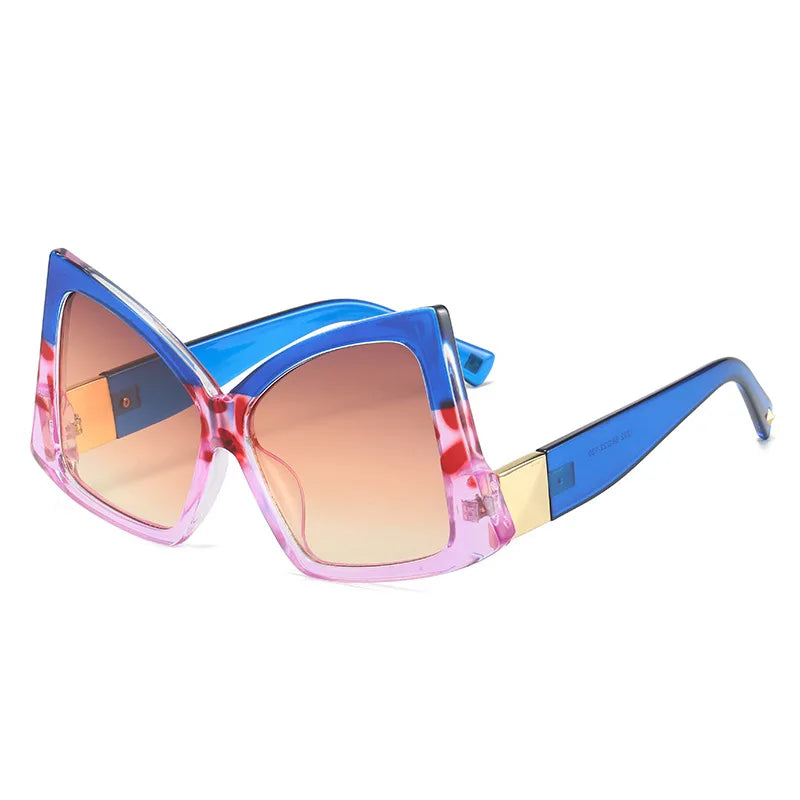 Sunglasses with a blue and pink frame on a white background
