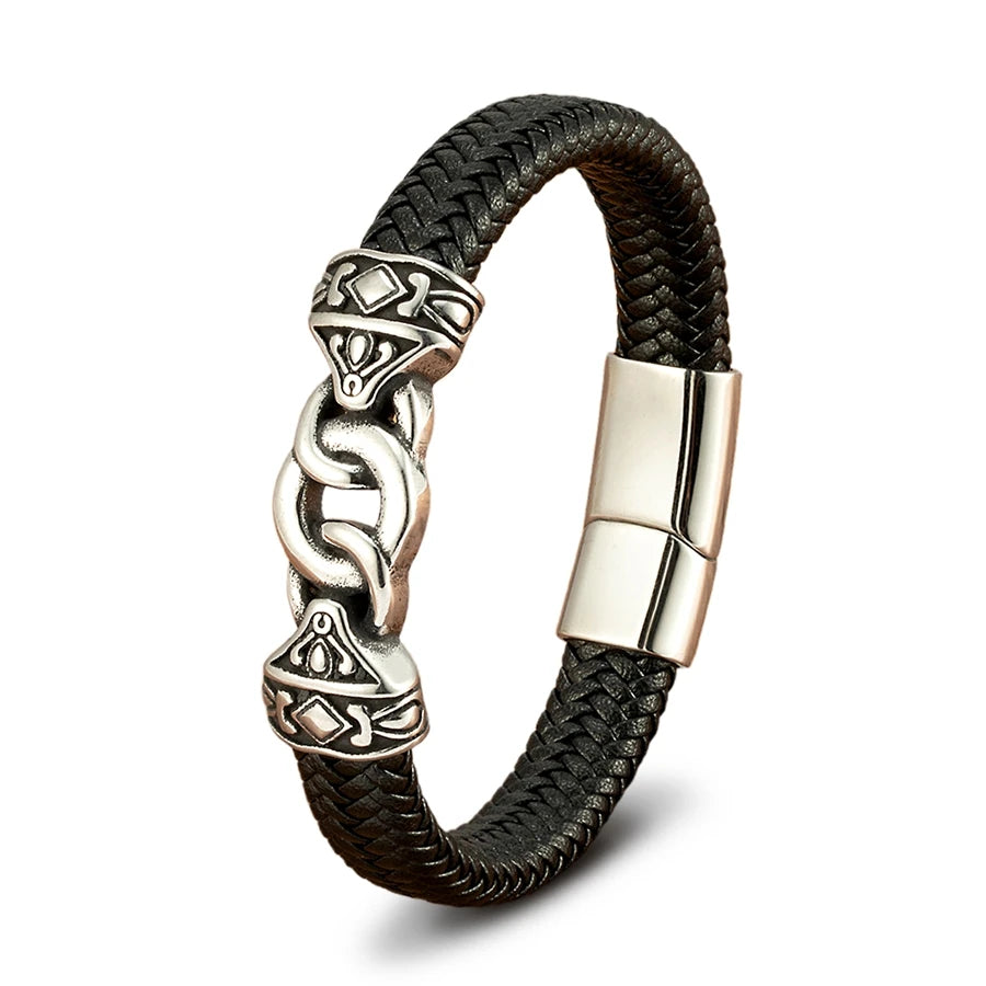 Black braided leather bracelet with silver Celtic knot design on a white background