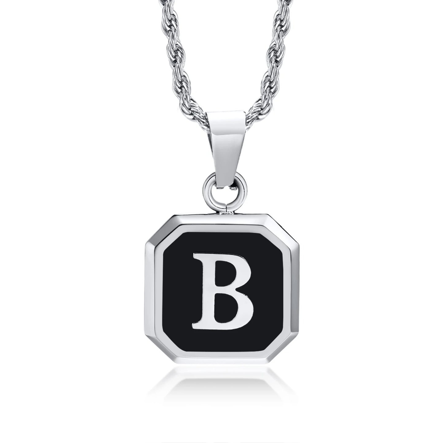Necklace with a black octagonal pendant featuring the letter 'B'.