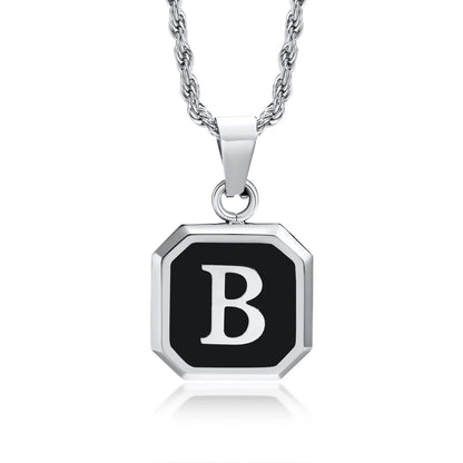 Necklace with a black octagonal pendant featuring the letter 'B'.