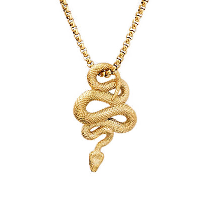 Gold snake-shaped pendant on a chain against a white background