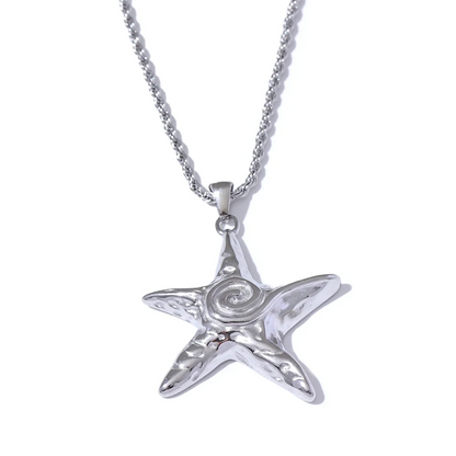 Silver starfish pendant on a chain against a white background