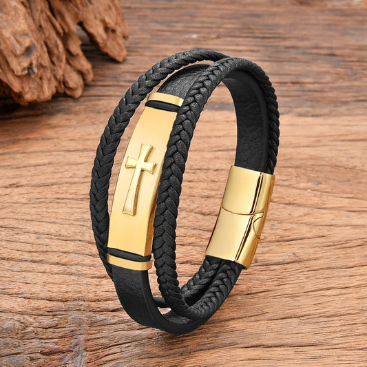 Double Braided Leather Cross Bracelet
