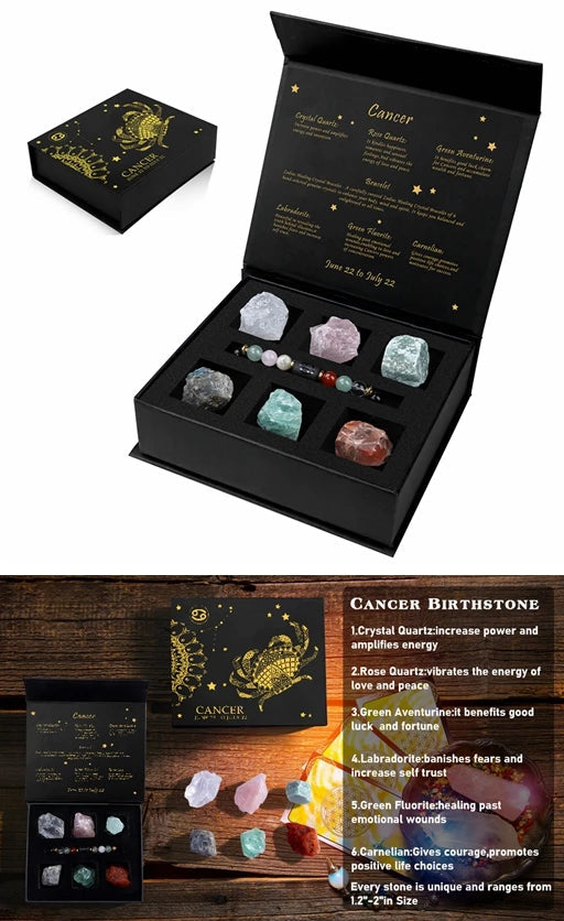 Set of crystals and packaging with text about Cancer birthstone