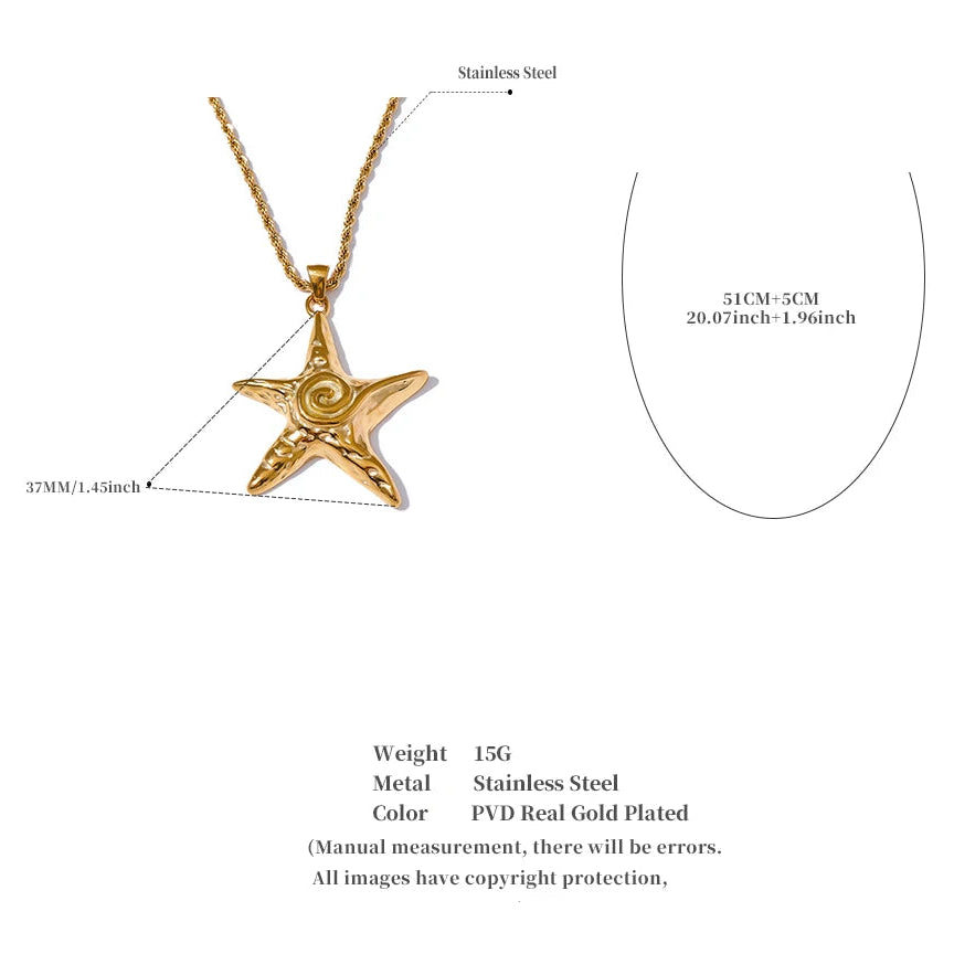 Gold star-shaped pendant necklace with measurements on a white background