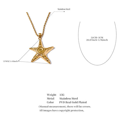 Gold star-shaped pendant necklace with measurements on a white background