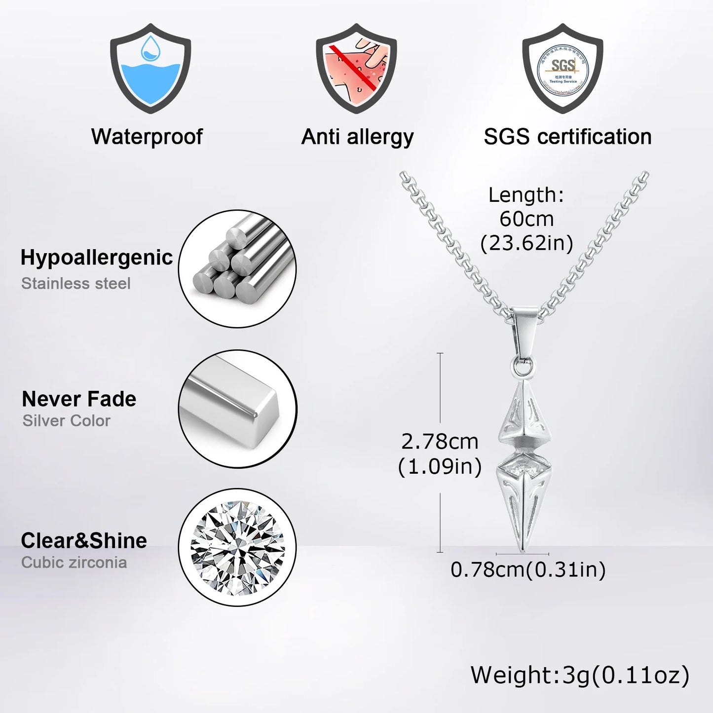 Jewelry pendant with certification logos and specifications on a white background