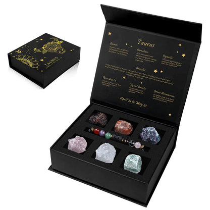 Black box with Taurus design containing crystals and jewelry