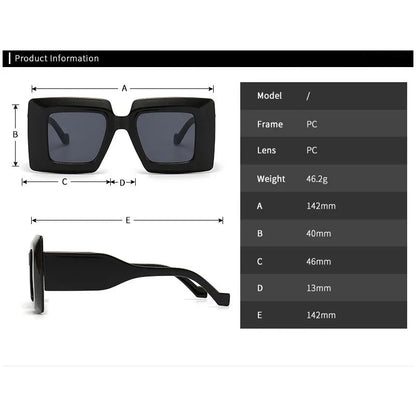 Black sunglasses with product information on a white background