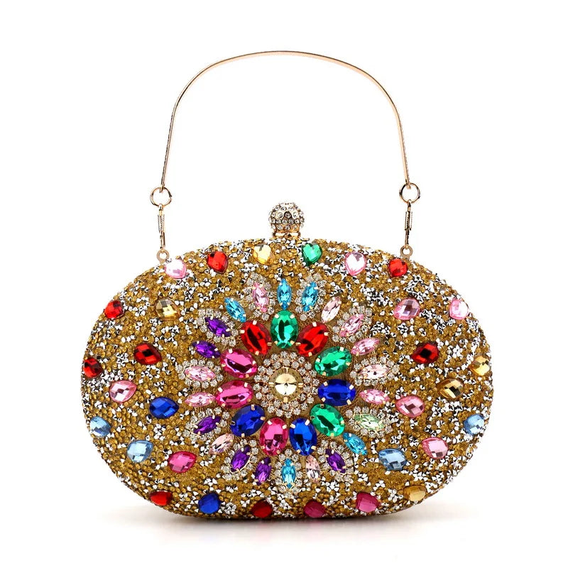 An oval-shaped evening clutch bag with a hasp closure, decorated with a colourful acrylic crystal pattern.