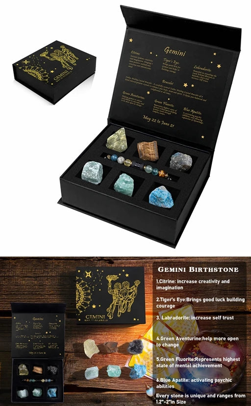 Set of crystals and jewelry with packaging and text about Gemini birthstone.