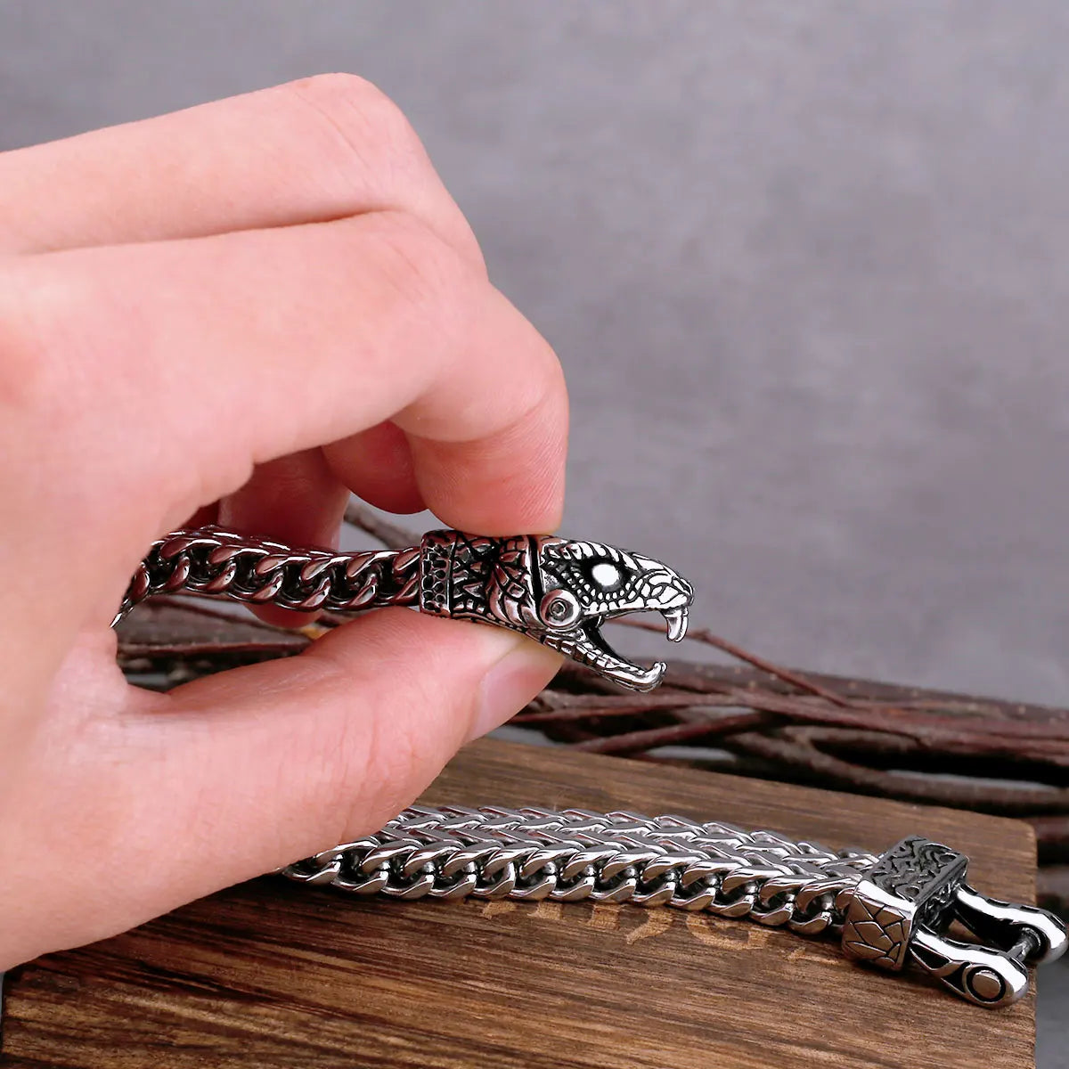 Nordic Snake Head Stainless Steel Bracelet with Wooden Gift Box