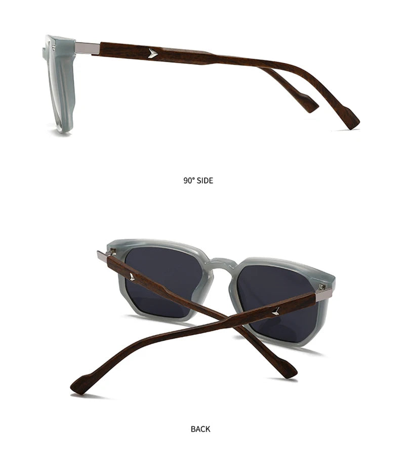Sunglasses with brown and grey frame and lenses on a white background