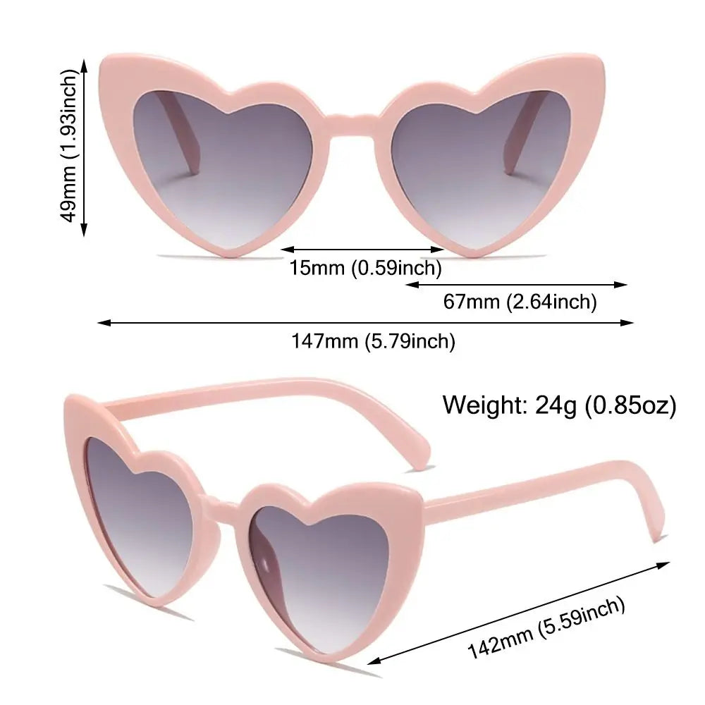 Heart-shaped sunglasses with measurements and weight details on a white background