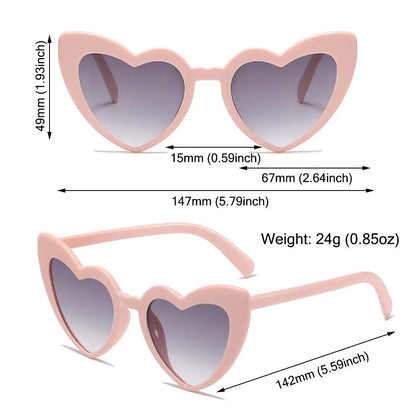 Heart-shaped sunglasses with measurements and weight details on a white background