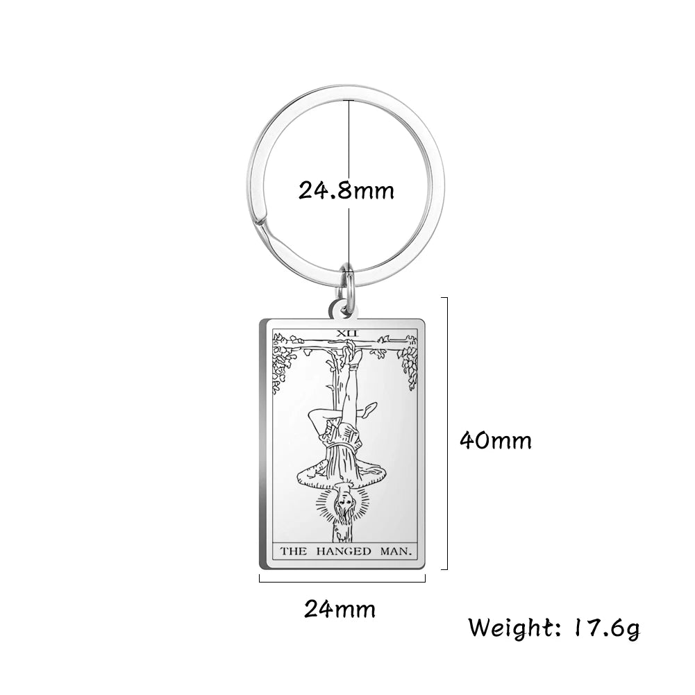 Keychain with Tarot card design, showing measurements and weight on a white background