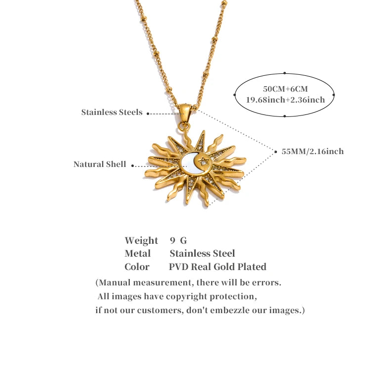 Gold necklace with sun-shaped pendant on a white background