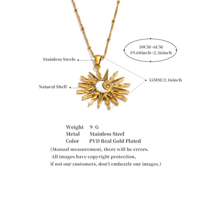 Gold necklace with sun-shaped pendant on a white background