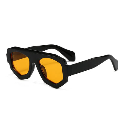 Black sunglasses with yellow lenses on a white background