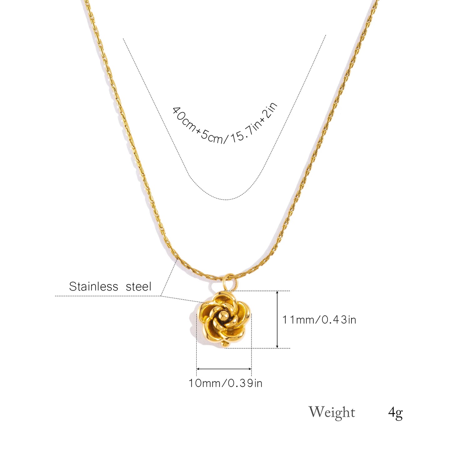 Gold necklace with rose pendant and measurement details on a white background