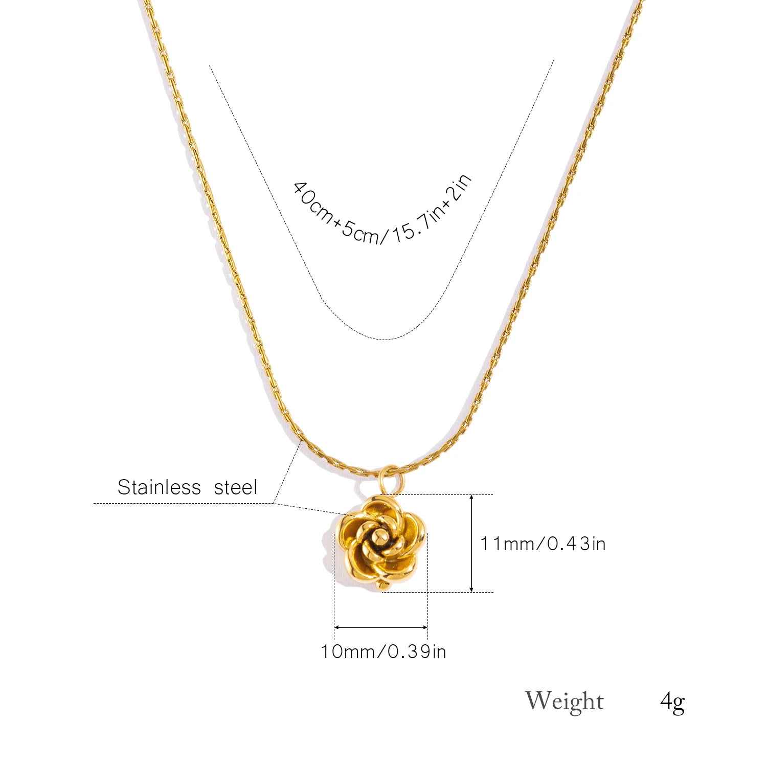Gold necklace with rose pendant and measurement details on a white background