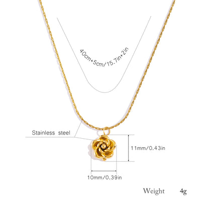 Gold necklace with rose pendant and measurement details on a white background
