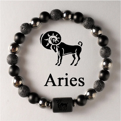 Black beaded bracelet with Aries symbol and text on a light grey background