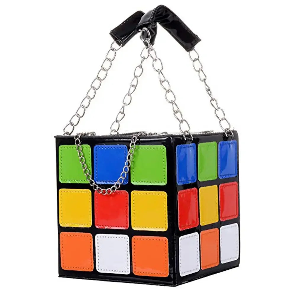 Colourful Rubik's Cube-shaped handbag with a chain strap on a white background