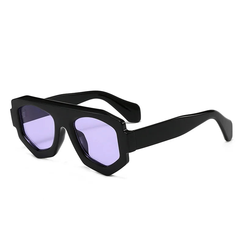 Black sunglasses with purple lenses on a white background