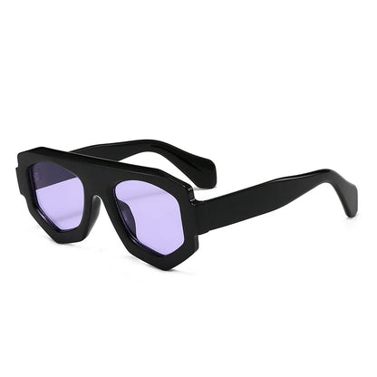 Black sunglasses with purple lenses on a white background