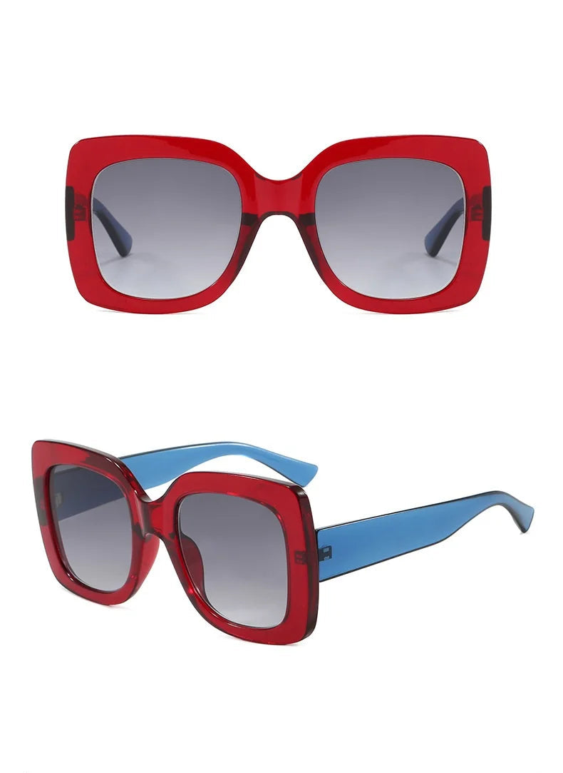 Two views of oversized square sunglasses with thick red frames and gradient grey lenses.