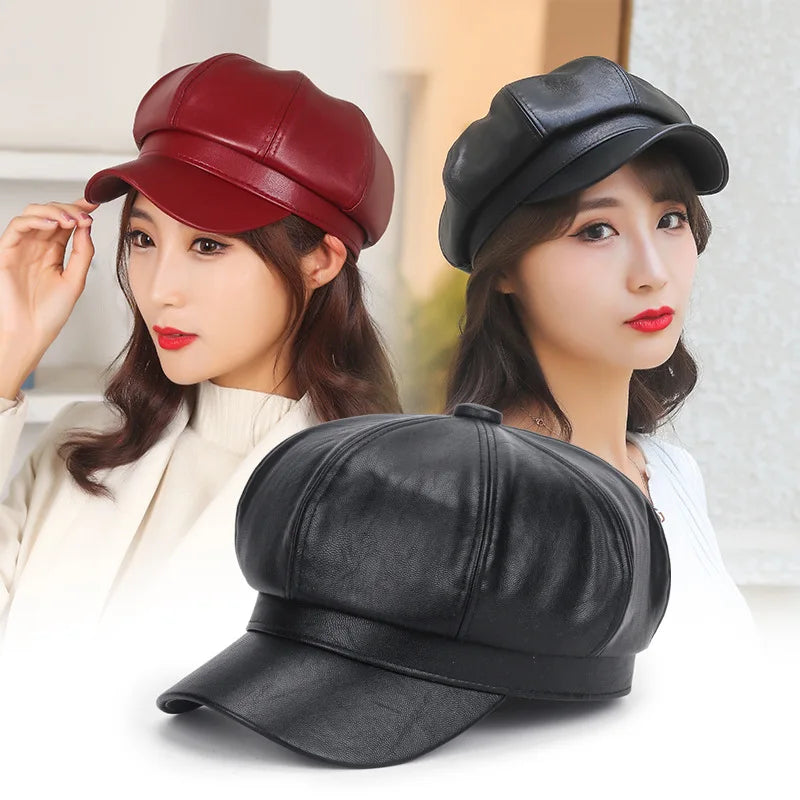 Two women wearing leather caps with a close-up of a black cap on a white background.