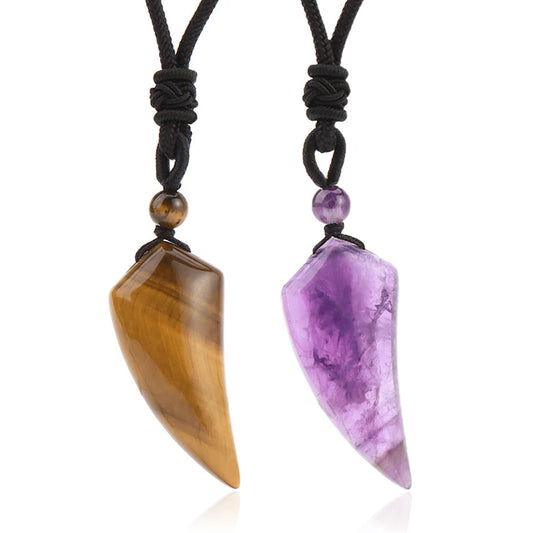 Natural Stone Cut Wolf Tooth Shape Pendant Necklace