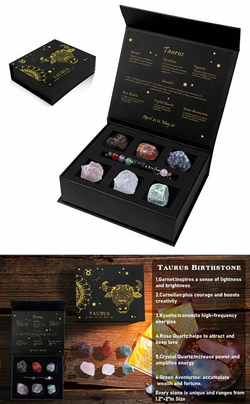 Crystal set with packaging and bracelet, accompanied by text about Taurus birthstone.