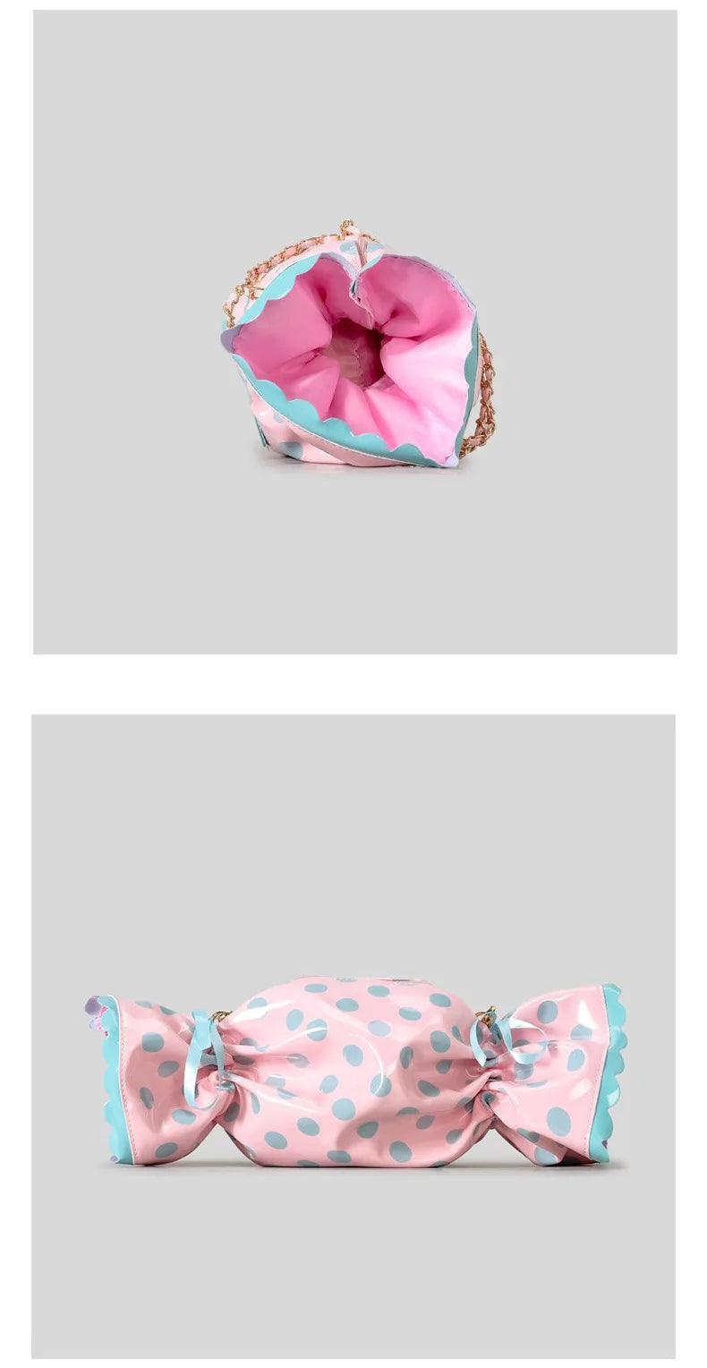 Two views of a pink polka dot bag with decorative elements on a grey background.