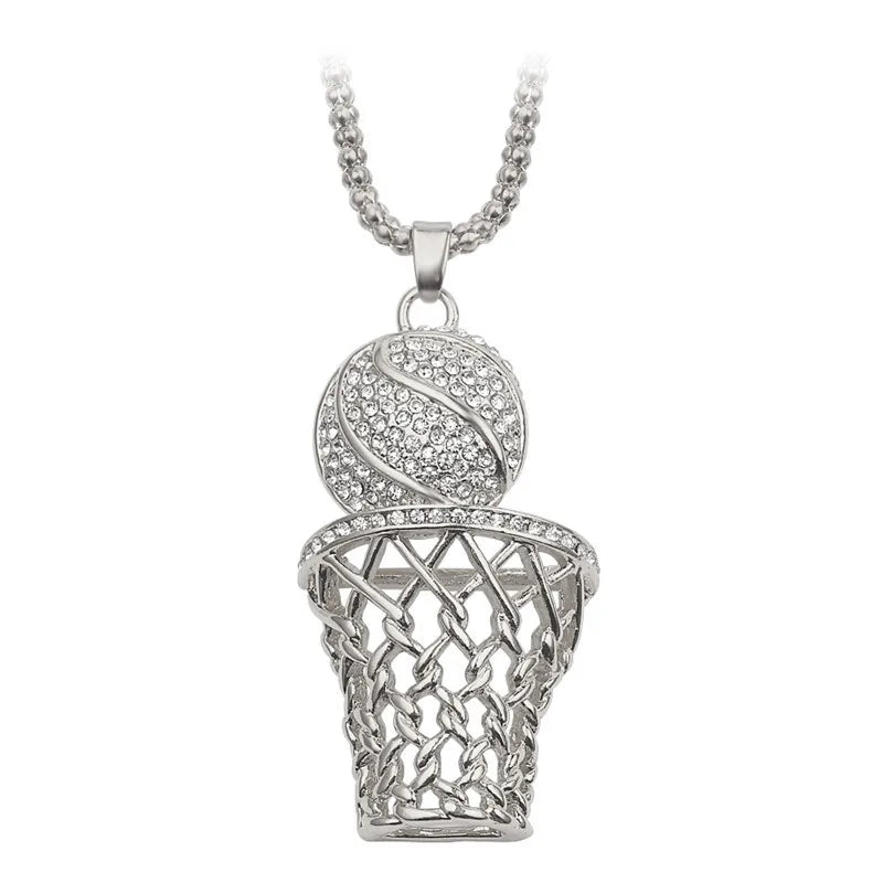 Silver basketball hoop and ball pendant on a white background