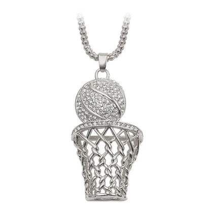 Silver basketball hoop and ball pendant on a white background