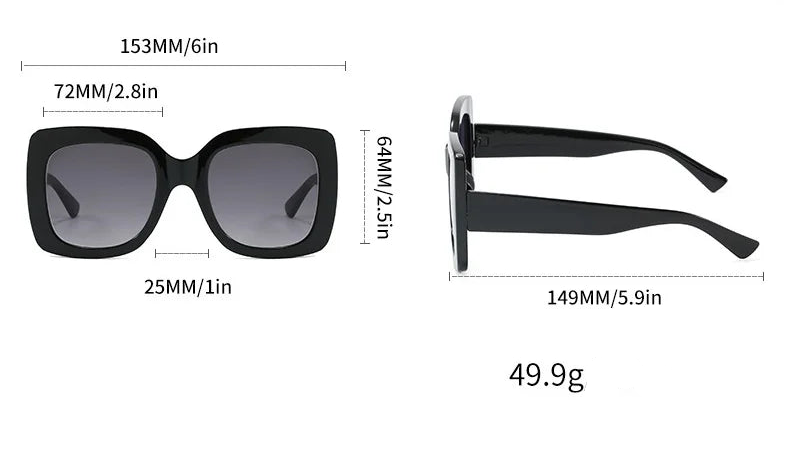 Sunglasses shown on a white background with dimension labels and weight text. The product appears as a black square-frame pair with dark lenses, presented from front and side angles with measurements such as 153mm width, 72mm bridge, 25mm lens width, 64mm height, and 149mm temple width.
