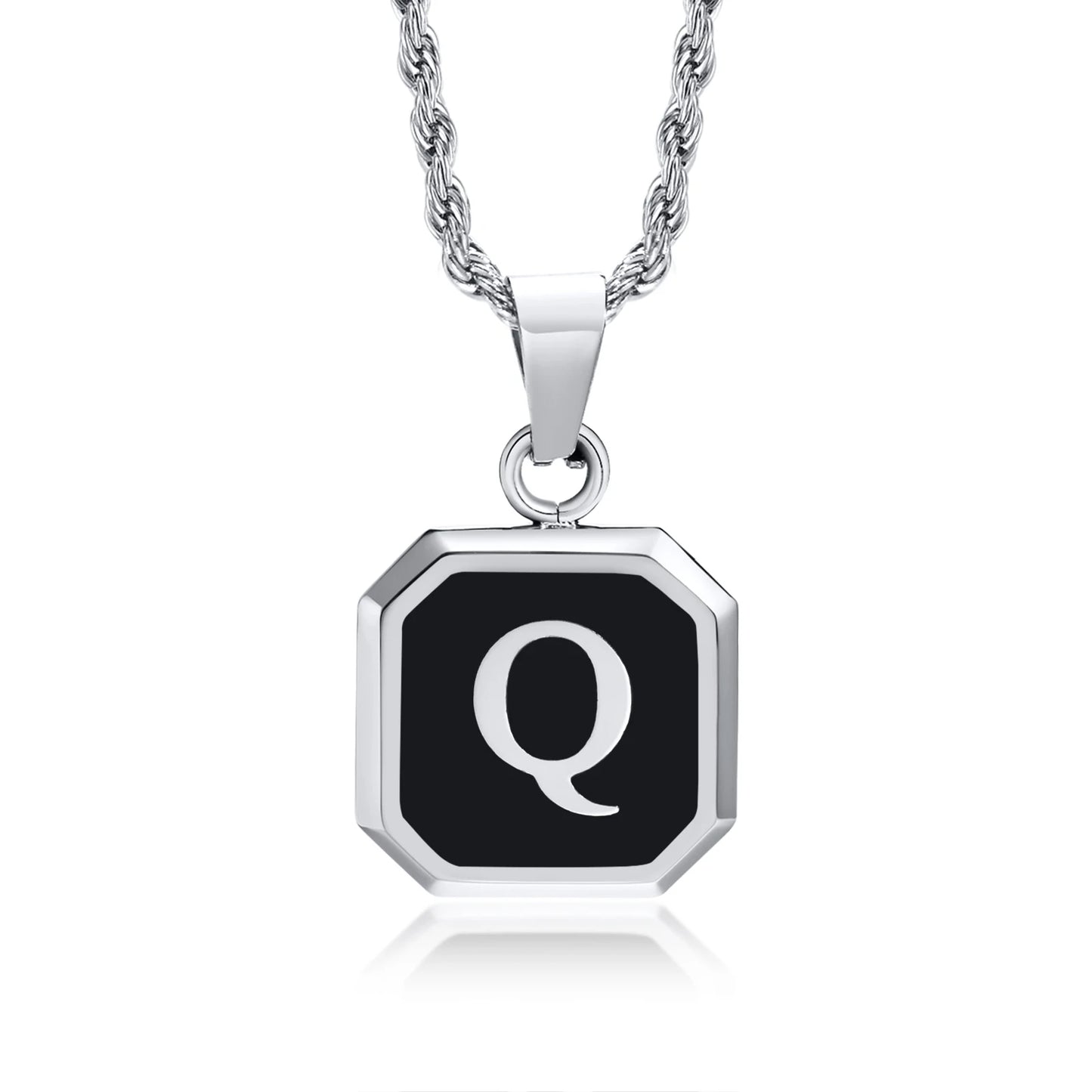 Silver necklace with a black pendant featuring the letter 'Q' on a white background