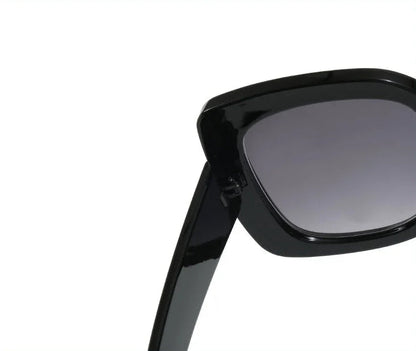 Close-up of a black sunglasses frame with a dark grey lens, shown against a white background.