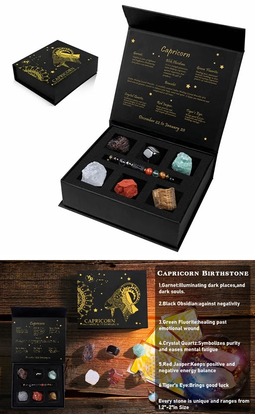 Crystal set with packaging, stones, and jewelry on a dark background